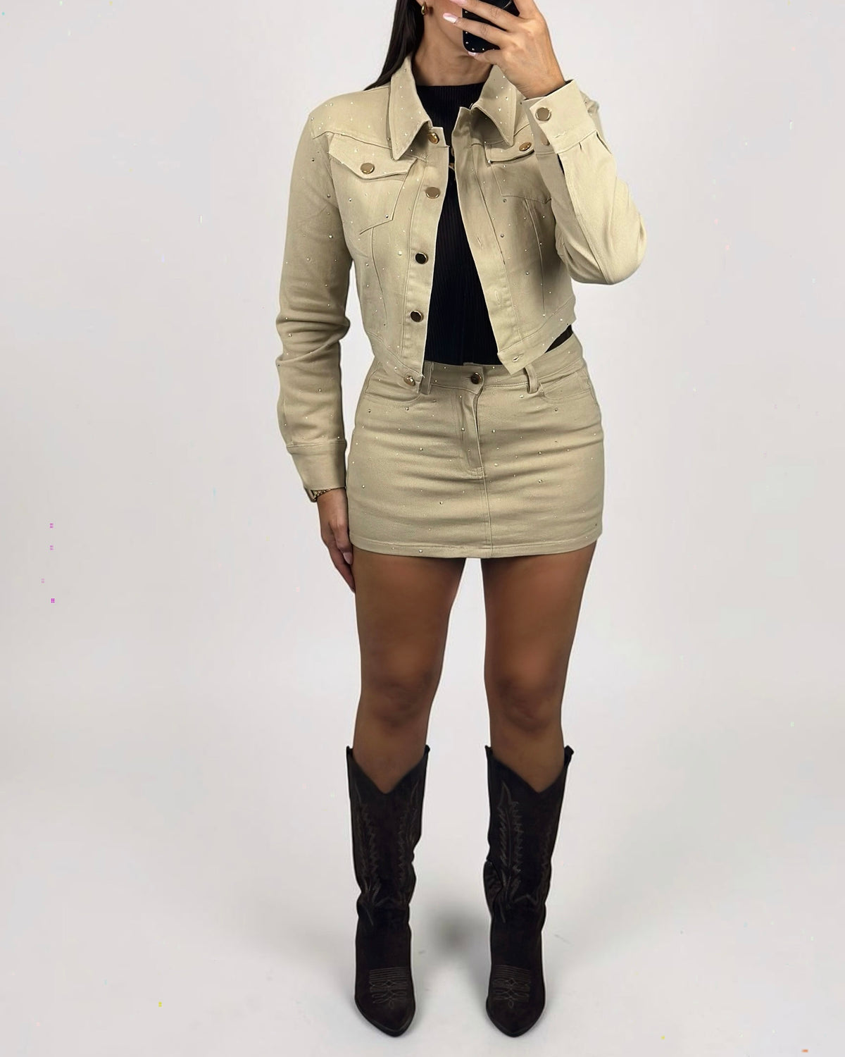 CONJUNTO DENIM BEIGE STRASS