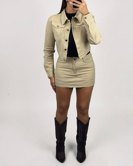 CONJUNTO DENIM BEIGE STRASS