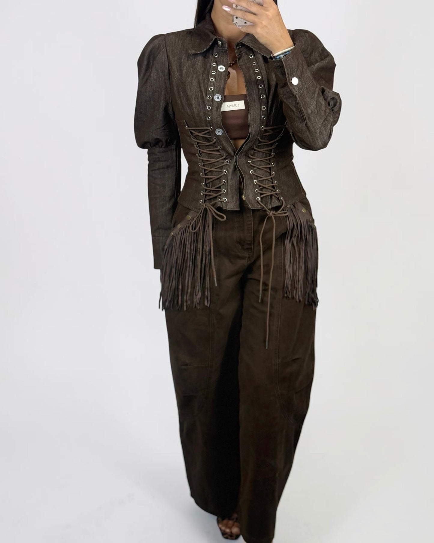 CHAQUETA DENIM CORSET BROWN