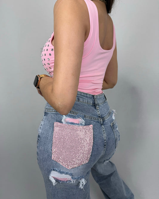 PANTALÓN DENIM STRASS PINK