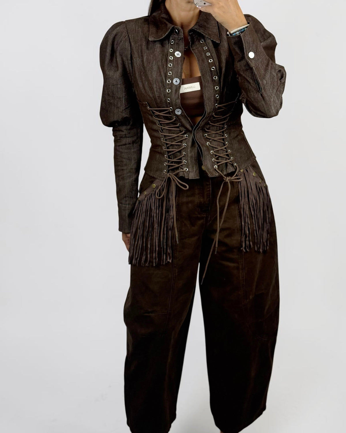 CHAQUETA DENIM CORSET BROWN