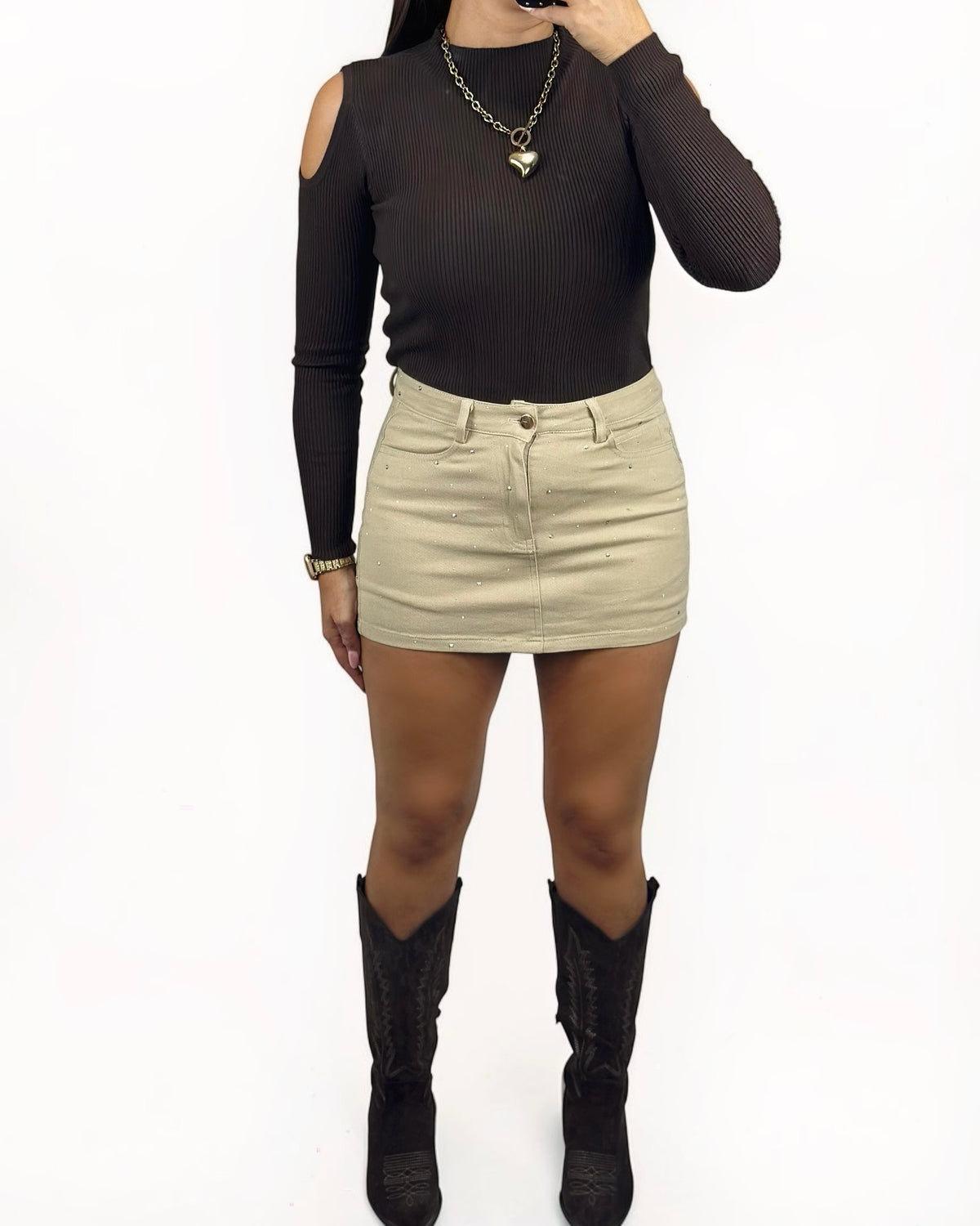 CONJUNTO DENIM BEIGE STRASS