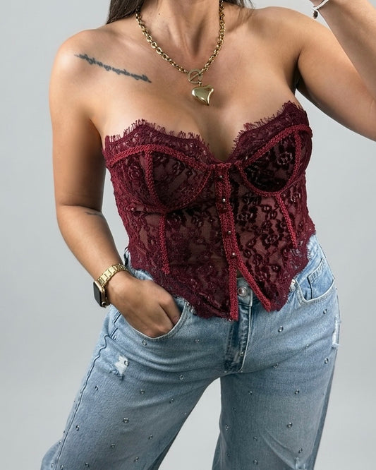 CORSET ENCAJE BURDEOS