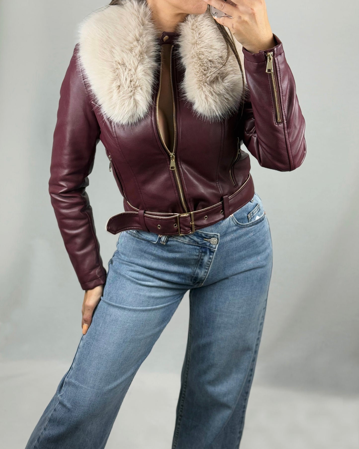 CHAQUETA POLIPIEL PELO BURDEOS