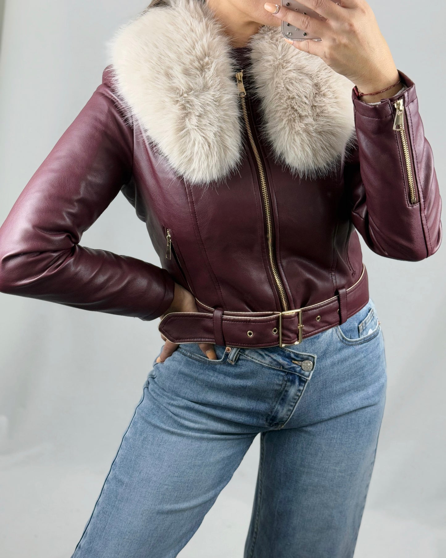 CHAQUETA POLIPIEL PELO BURDEOS