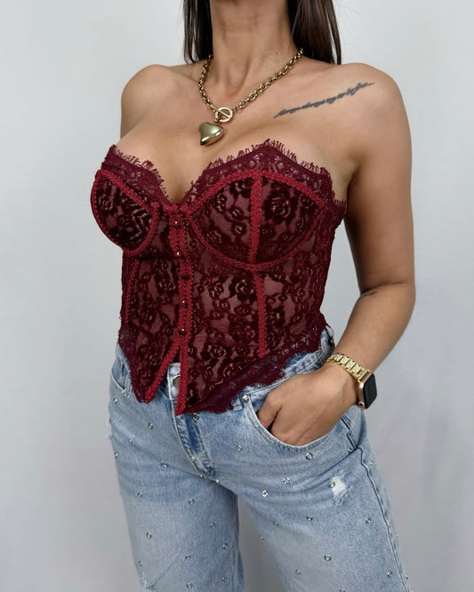 CORSET ENCAJE BURDEOS