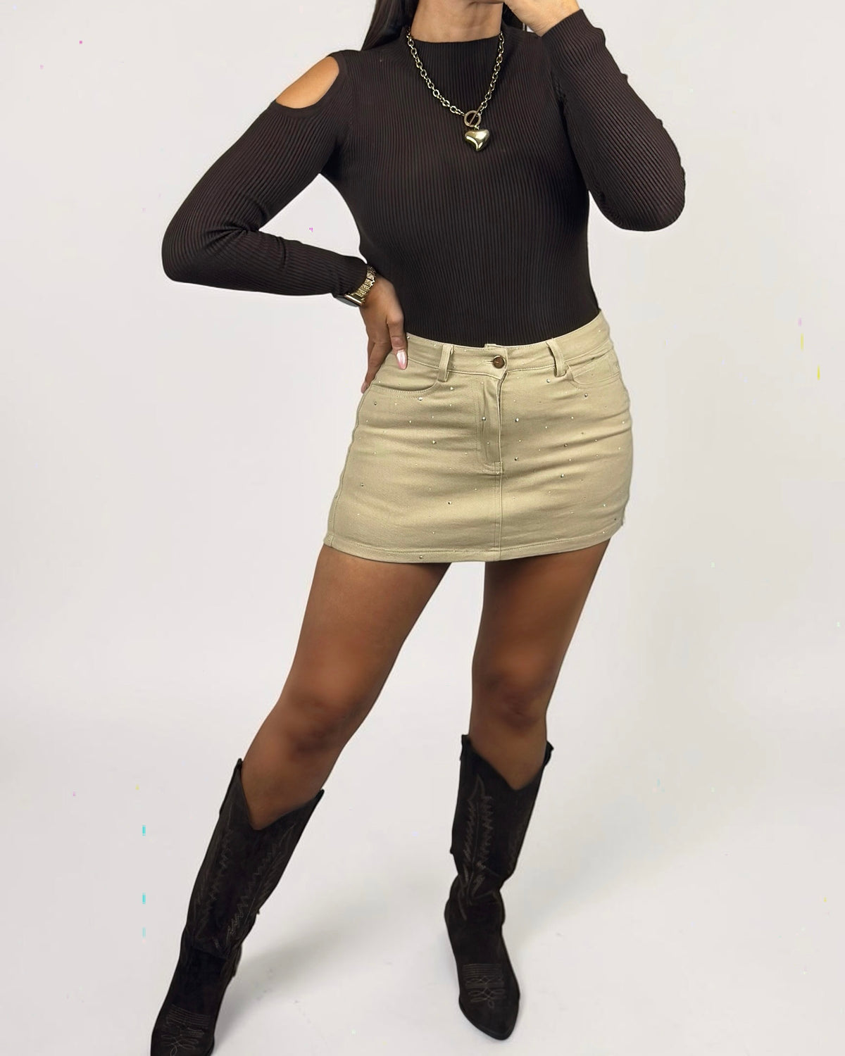 CONJUNTO DENIM BEIGE STRASS