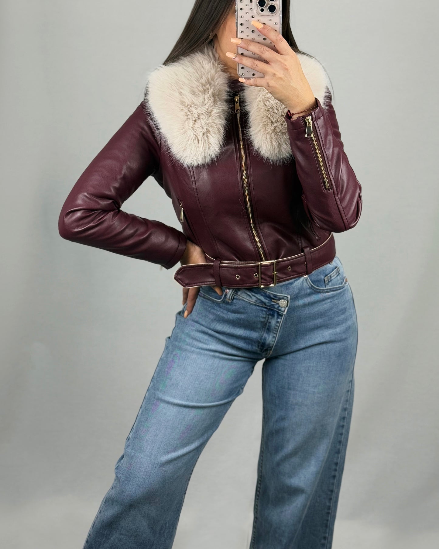 CHAQUETA POLIPIEL PELO BURDEOS